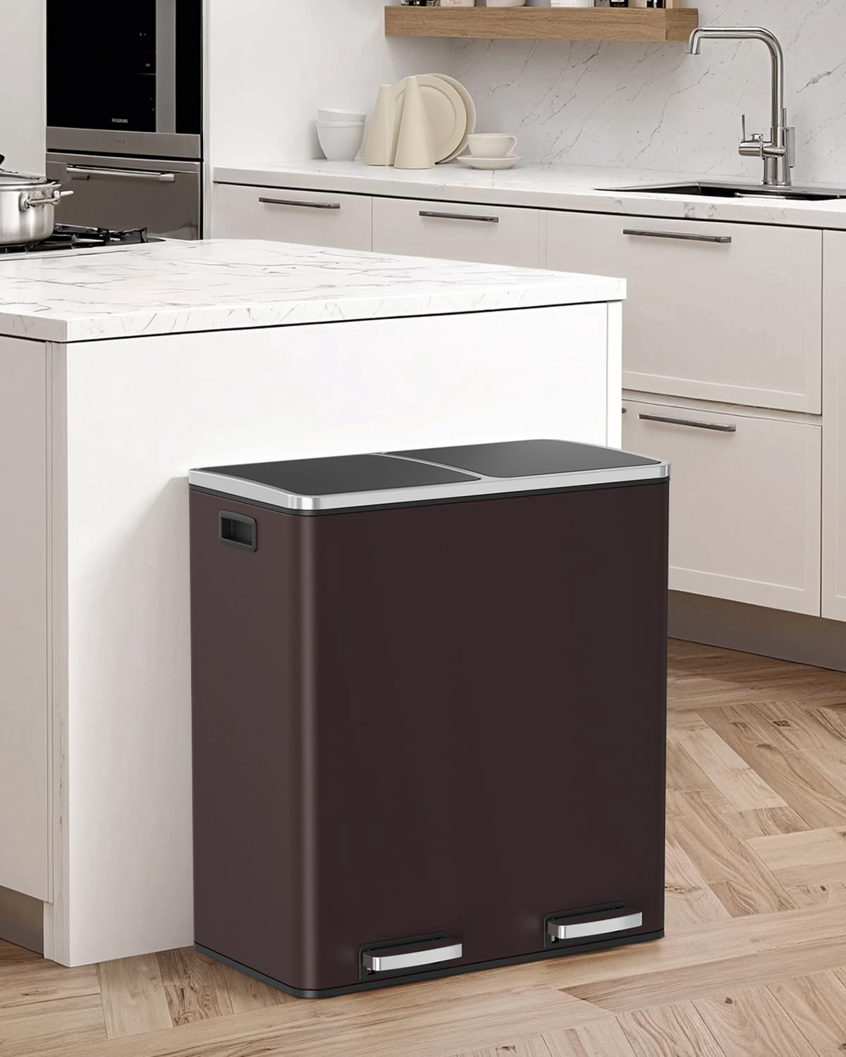 Pirecart 60 Step Trash Can Rectangular Stainless Steel Dual Compartment Garbage Can, Brown