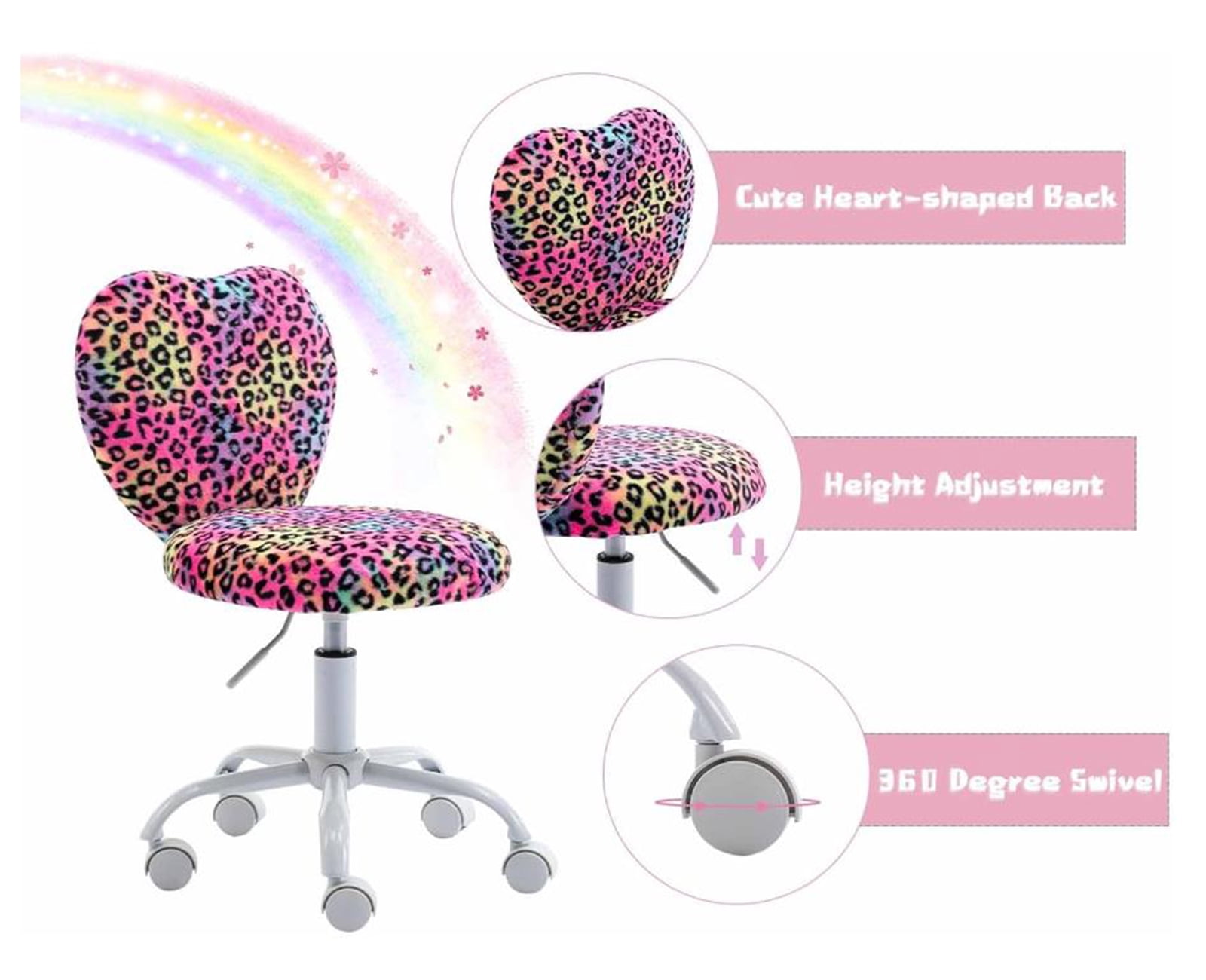 Guyou Cute Fluffy Kids Chair for Teen Girls Rolling Study Desk Student Chair, Fluffy Computer Task Chair, Adjustable Heart Shaped Bedroom Reading Dresser Chair, Leopard
