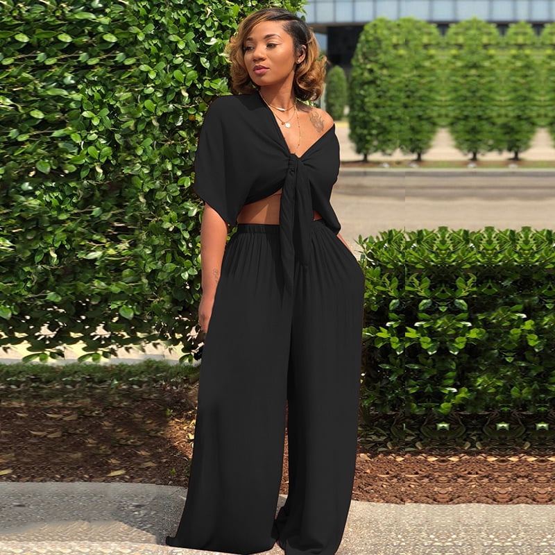 Two-piece Set Crop Top Deep V Neck Tie 