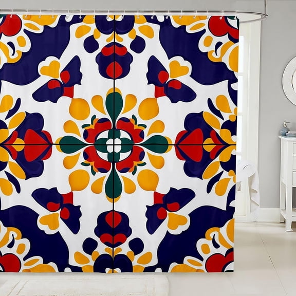 Bohemian Geometric Floral Shower Curtain Multi Color Waterproof Fabric Bathroom Decor with Hooks 71x71 Inches