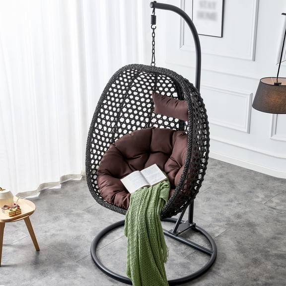 Hanging Egg Chair with Stand, Indoor Outdoor Patio Wicker Egg Chair, Metal Frame, Swing Hammock Egg Chairs with Cushion Headrest, for Patio Bedroom Porch Garden