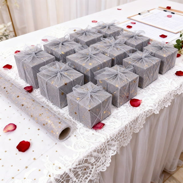 Rollo de tela de malla de 5 yardas – Decoraciones con patrón de estrellas para envoltorio de regalo • Material de embalaje multicolor para Navidad • Malla de lentejuelas duradera para arreglos
