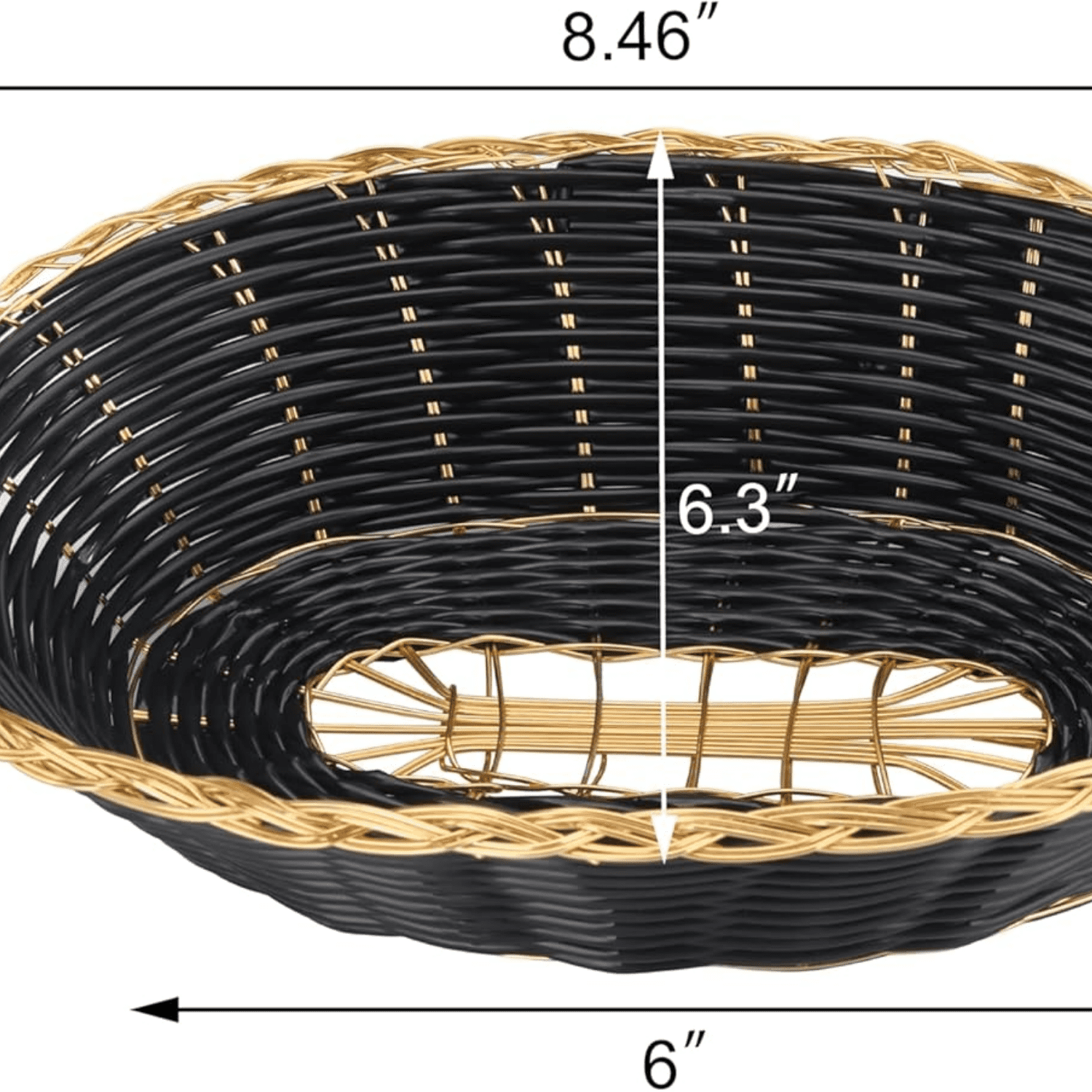 Polypropylene Oval Woven Food Basket (Set of 12), 9" x 6.25 x 2.25", Black with Golden Trim