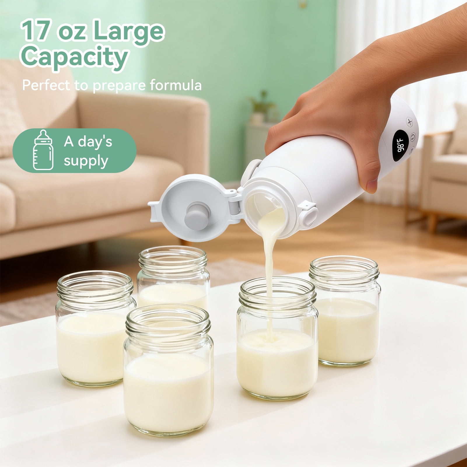 Baby Bottle Warmer 17oz Large Capacity Fast Heating Portable Cordless Milk Warmer for Breastmilk and Formula, for Travel Car Outdoor