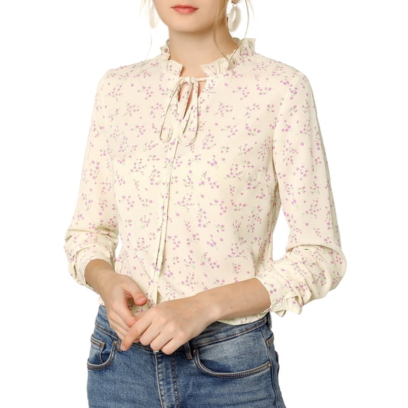 Allegra K Women's Tie Ruffled Neckline Polka Dots Floral Blouse Tops