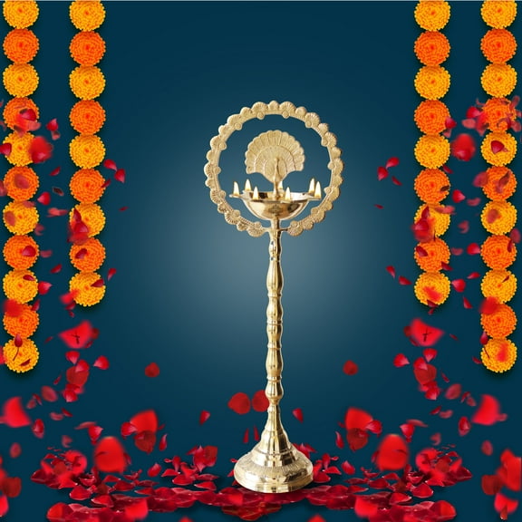 Indian Art Villa 38" Brass Stand Pillar Diya - Kerala Mor Kiran Design - Elegant Spiritual Decor