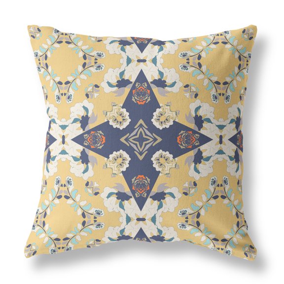 18" X 18" Yellow And Blue Broadcloth Floral Throw Pillow