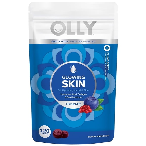 OLLY Glowing Skin Gummy Supplement, Hyaluronic Acid, Collagen Peptides, Sea Buckthorn, Plump Berry Flavored, 120 Ct