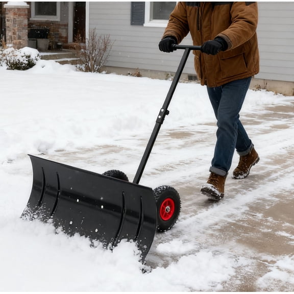 S-HOME Efficient 30 Inch Wide Metal Snow Pusher with 15 Inch Height and 2 Wheels for Easy Snow Clearing on Driveways