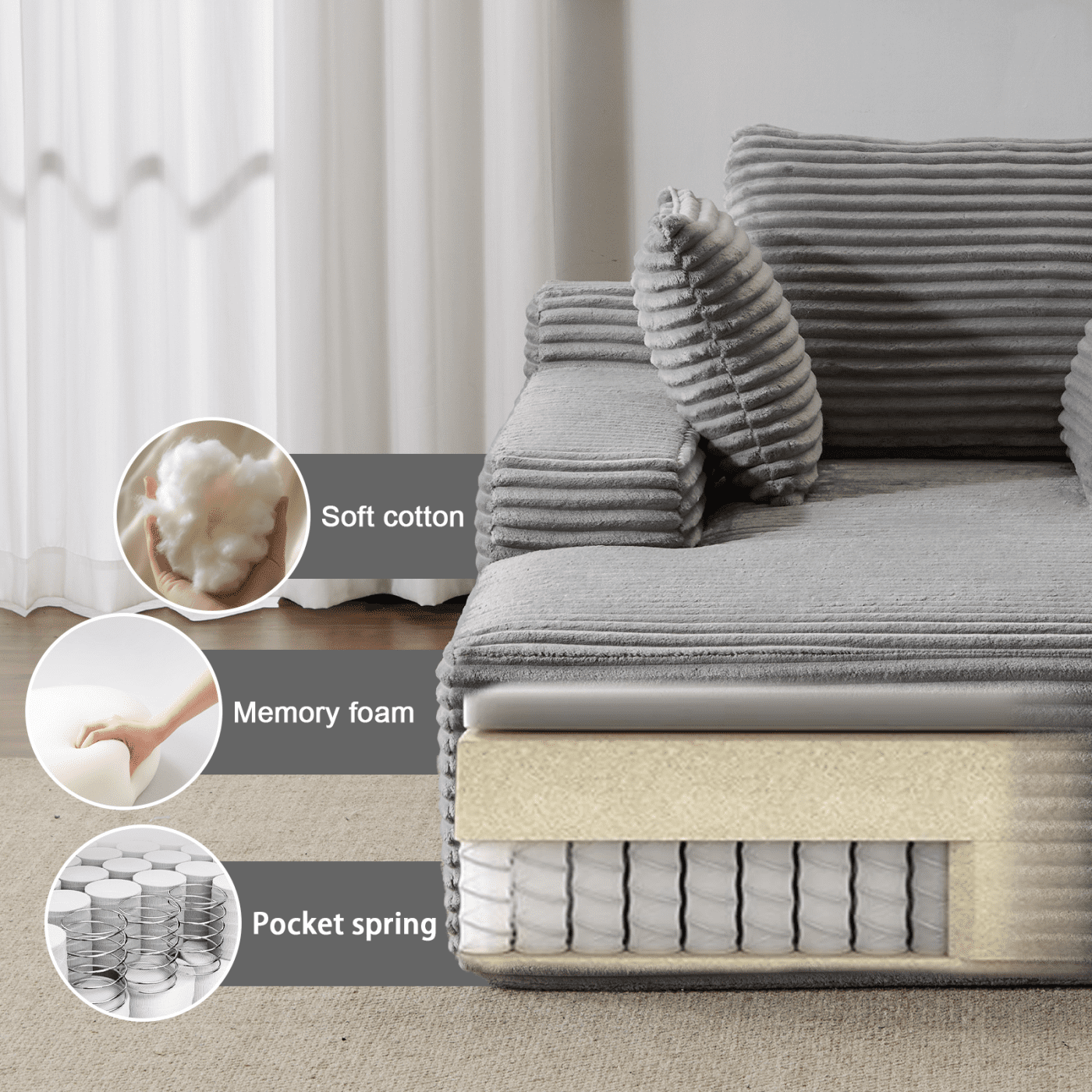Oversized Chaise Lounge Chair Indoor, Corduroy Upholstered Sleeper Sofa Daybed with 3 Throw Pillows and Wide Armrest for Living Room, No Assembly Required,Gray