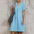 thumbnail image 3 of QUYUON Women’s Linen Shirt Dress Summer Casual Solid Color Short Sleeve V Neck Collar T Shirts Mini Dress Loose Fit Cotton Linen Dress T-Shirt Beach Sundress, 3 of 6