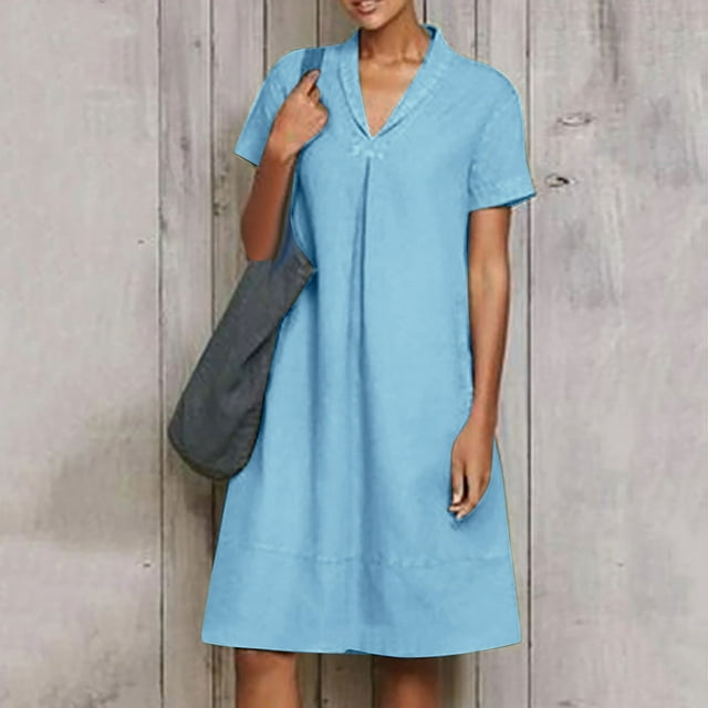 Gspmoly Robes pour Femmes, Robes d'Été Décontractées pour Femmes à Col Rabattu Unies à Manches Courtes, Robes de Soirée pour Femmes Offres des Fêtes
