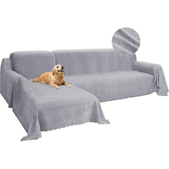 L-Shaped Tassel Sofa Cover Set - 2-Piece Thick Chenille Non-Slip Sofa Cover, Extra Large Dark Gray, Machine Washable Pet Furniture Protector