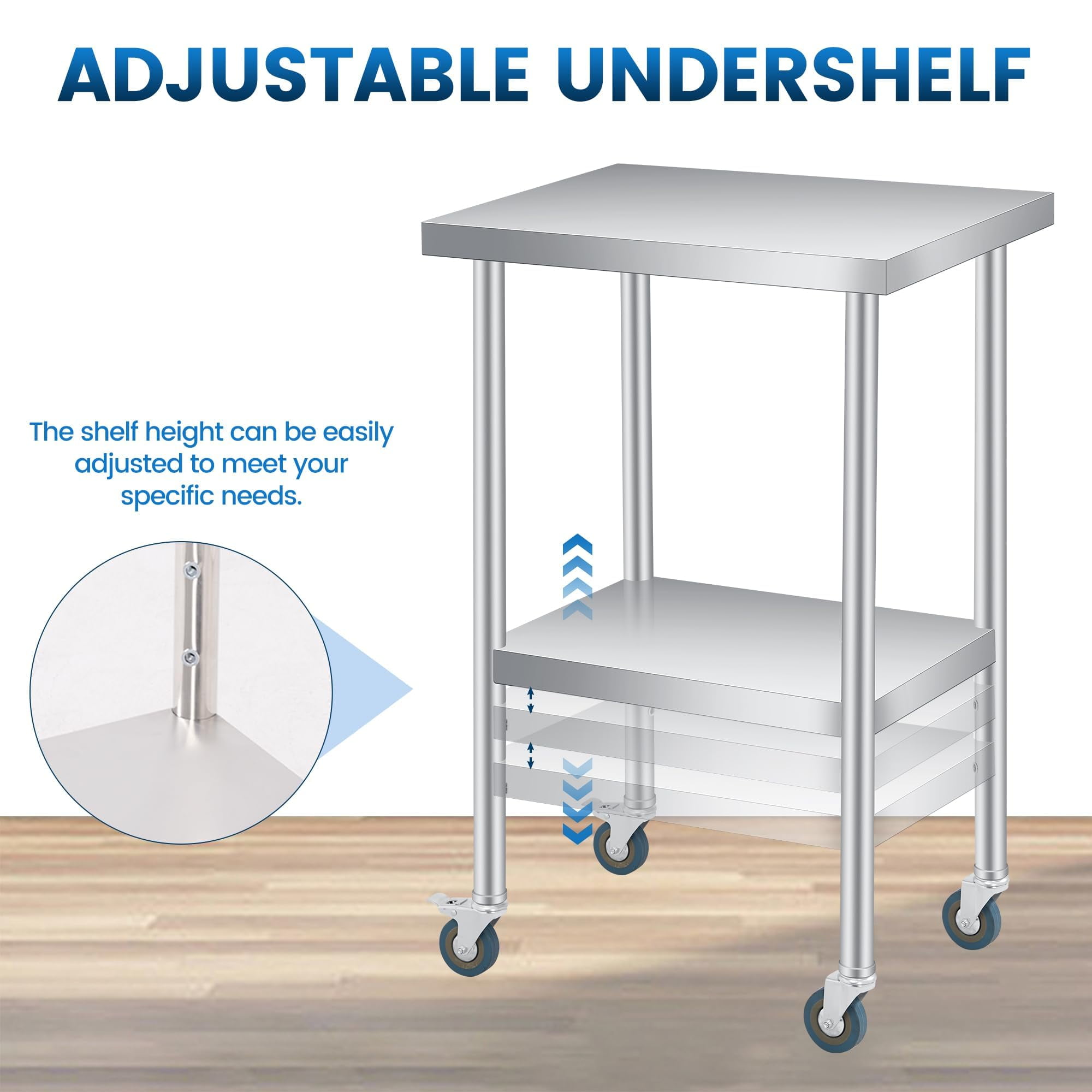 Stainless Steel Prep Table, 24 x 24 Inches, with Adjustable Undershelf and 4 Caster Wheels, Commercial Heavy Duty Table with Adjustable Under Shelf for Outdoor Use,Restaurants,Hotels,Works