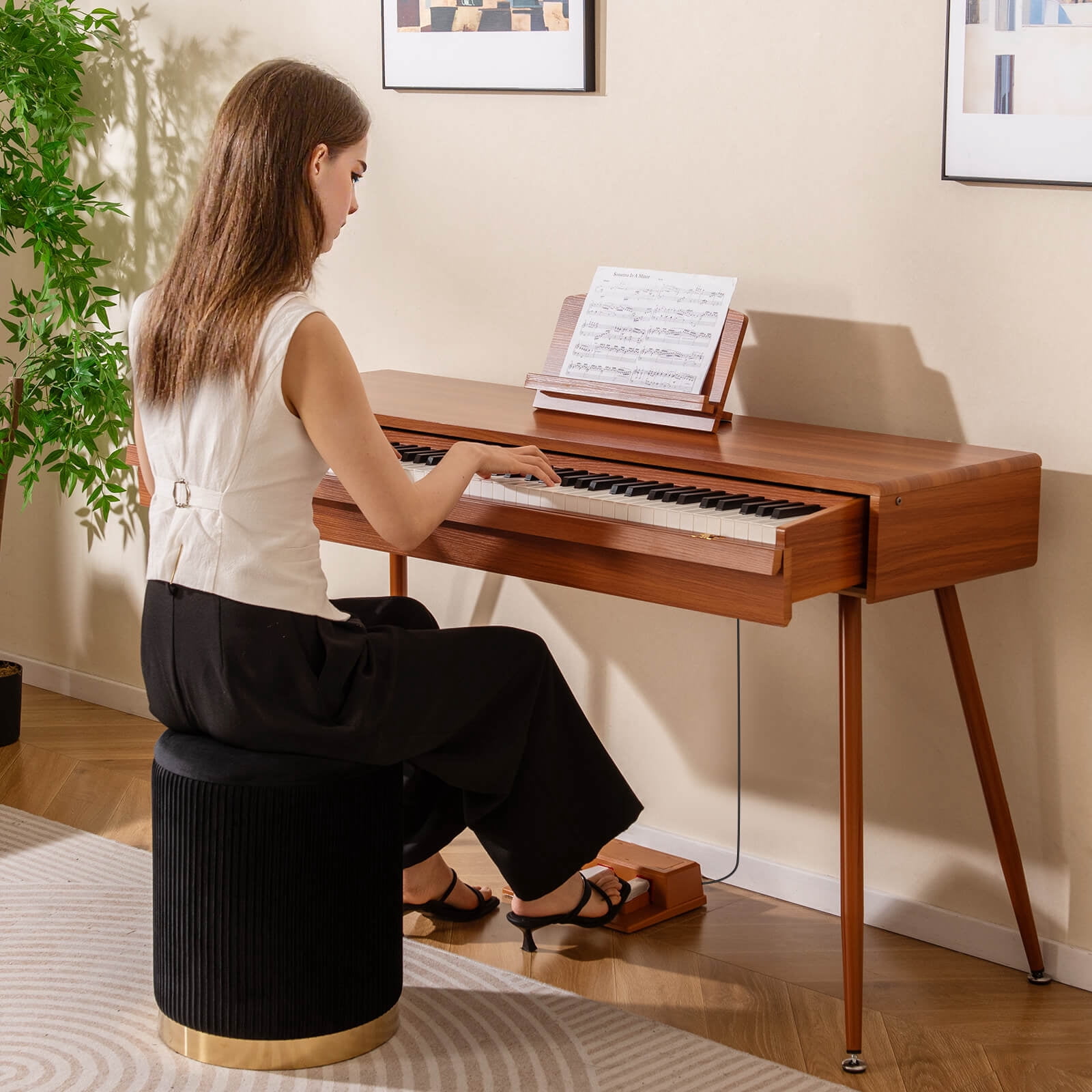 Costway 88-Key Graded Hammer Action Weighted Keyboard with  Push-pull Drawer Record Replay