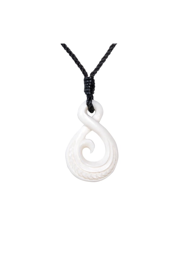 Women's Men's Hand Carved Bone Maori Small Pikorua Koru Spiral Pendant Necklace