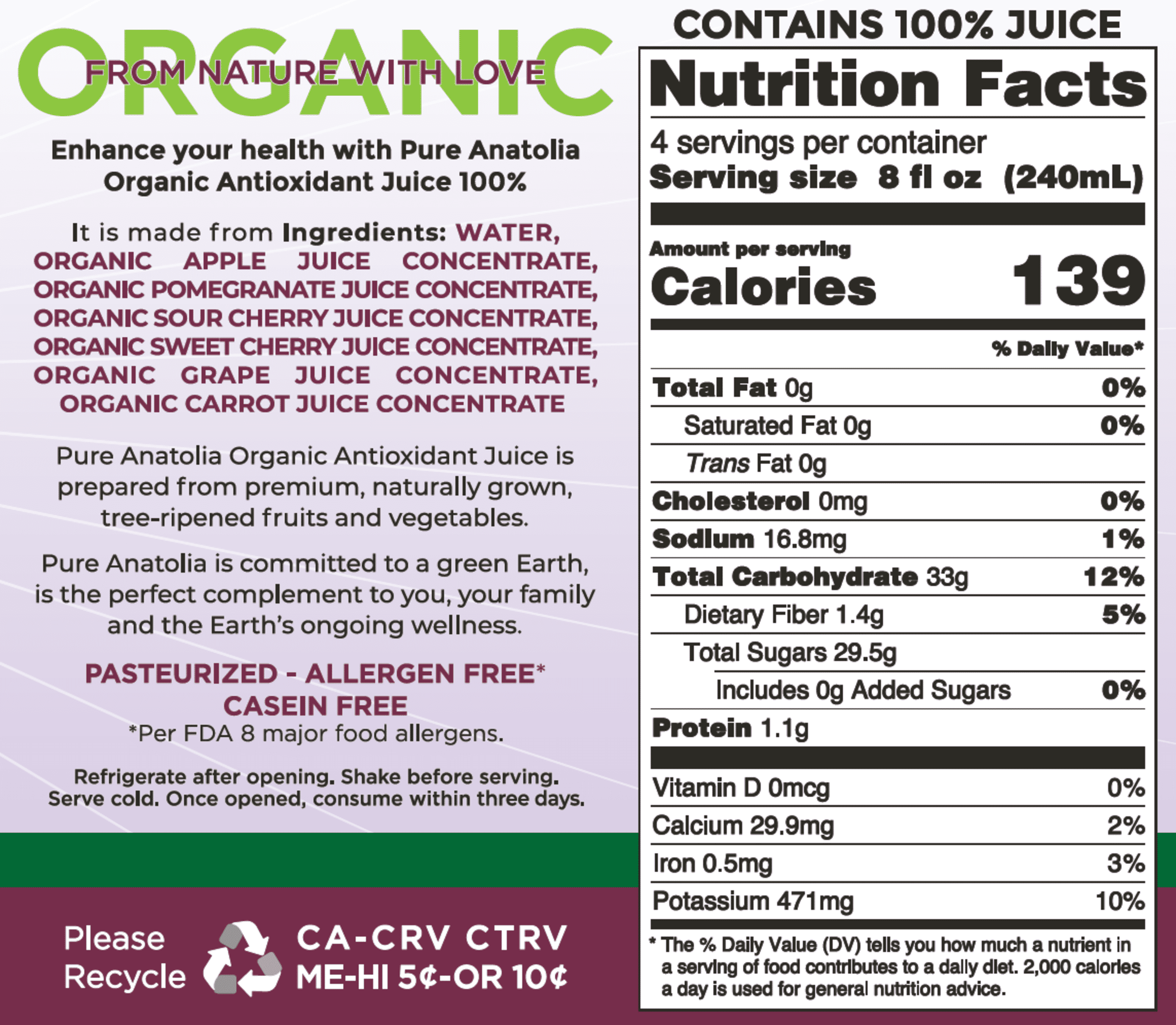 (6 pack) Pure Anatolia  Organic Antioxidant Detox Juice, 32 Fl Oz Glass Bottle