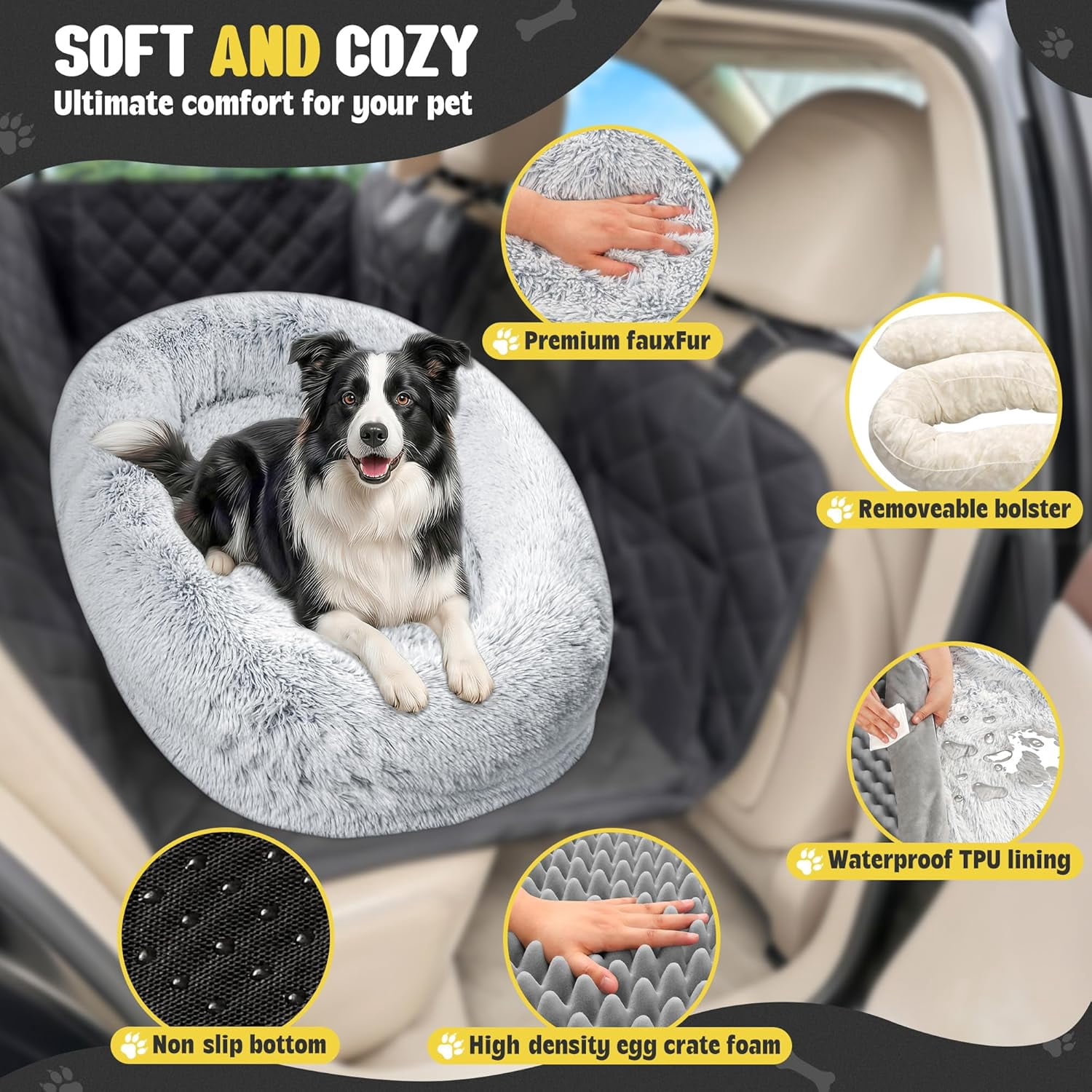 Orthopedic Car Dog Bed for Large Dogs, Waterproof Faux Fur Calming Travel Bed