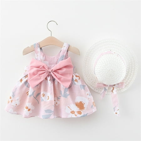 

THE WILD Girls Dresses Leisure Ruched Bowknot Printed Square Neck Sleeveless Midi Girls Dresses Pink