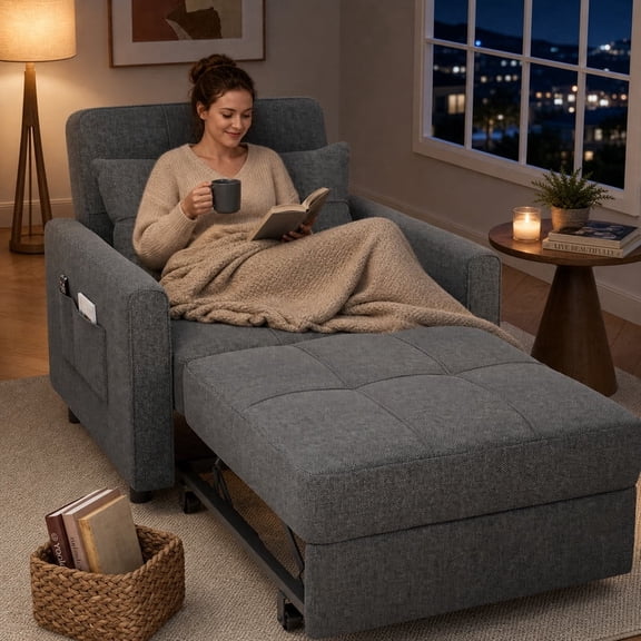 3-in-1 Convertible Sofa Bed Chair with Adjustable Backrest, Folding Lounger for Living Room, Home Office or Guest Room, Sturdy Steel Frame & Breathable Linen, Dark Gray
