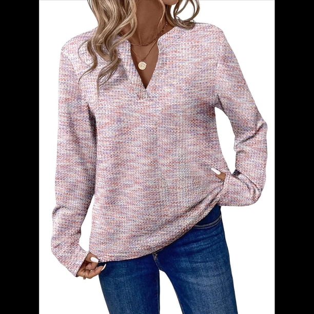 Blusas de Punto Gofre para Mujer, Camisas de Larga con Cuello en V, Blusas Casuales Elegantes Estilo Henley, Conjuntos de Otoño 2025 Rosa L