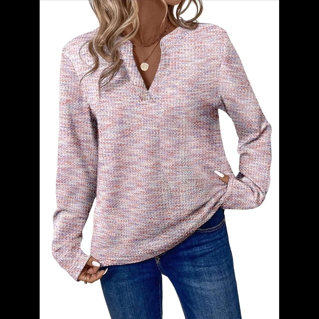 Blusas de Punto Gofre para Mujer, Camisas de Larga con Cuello en V, Blusas Casuales Elegantes Estilo Henley, Conjuntos de Otoño 2025 Rosa XL