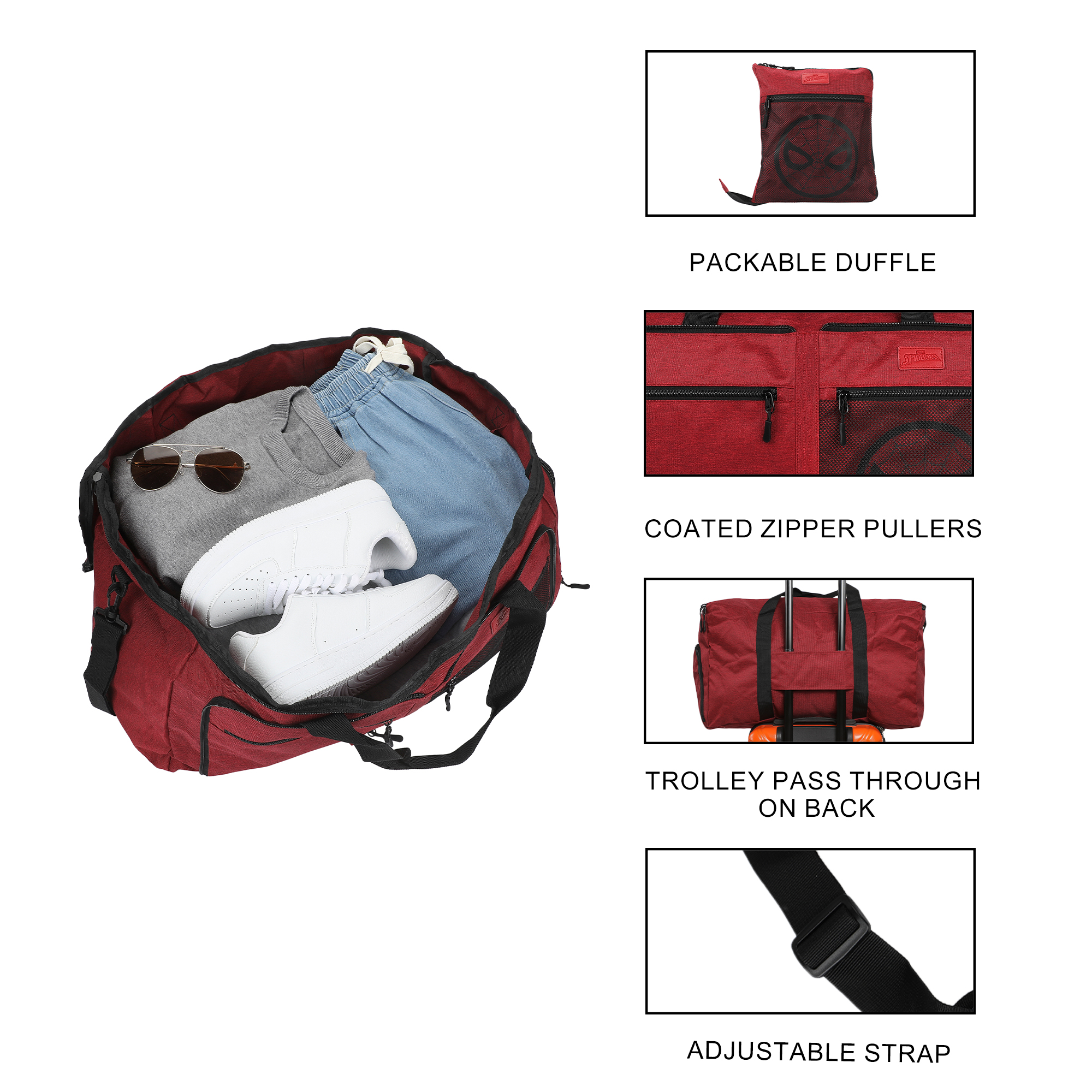 Spider-Man Logo Red 24" Packable Travel Duffle Bag with Shoe Compartment, Removable Shoulder Strap & Front Storage Pockets