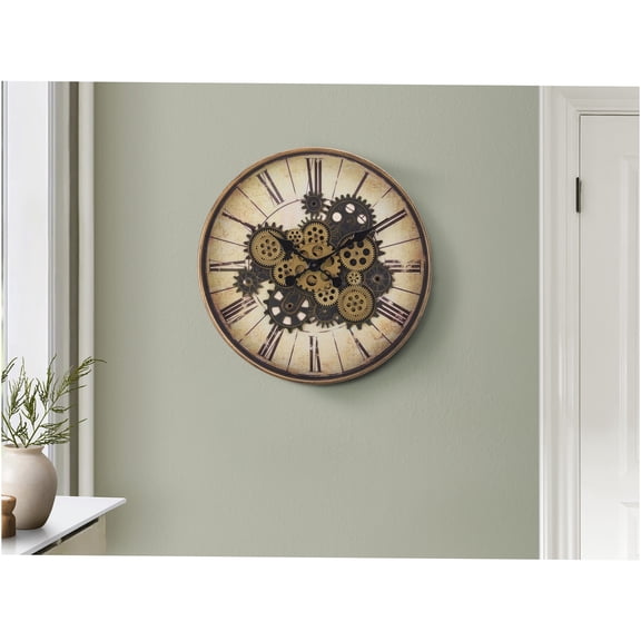 JERFIT 20 Inch Round Wall Clock with Exposed Gears, Non-Ticking Quartz Movement, Roman Numerals, Brown and Gold Vintage Industrial Decor