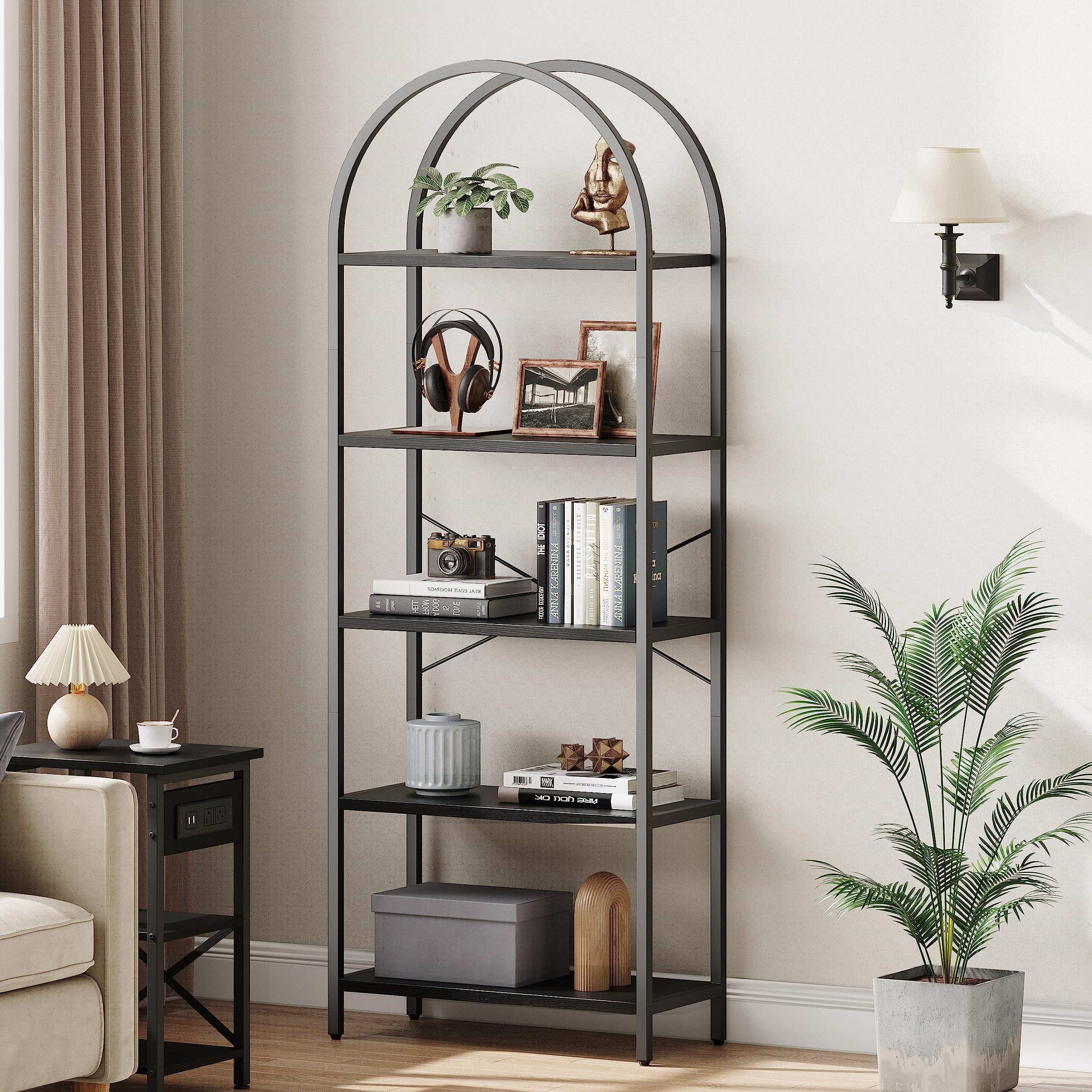 Coromose 5 Tier Open Shelf Bookcase, 71" Tall Freestanding Arched Bookshelf with Metal Frame