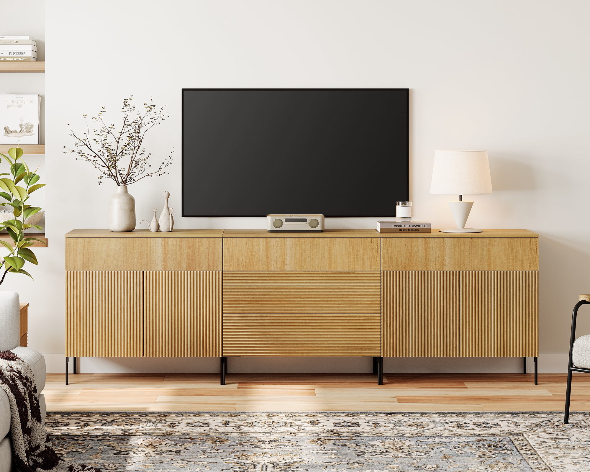 94.5" Modern Reeded Dresser TV Stand for TVs up to 100 Inch, Entertainment Center with Drawers, Wooden TV Console with Storage for Living Room