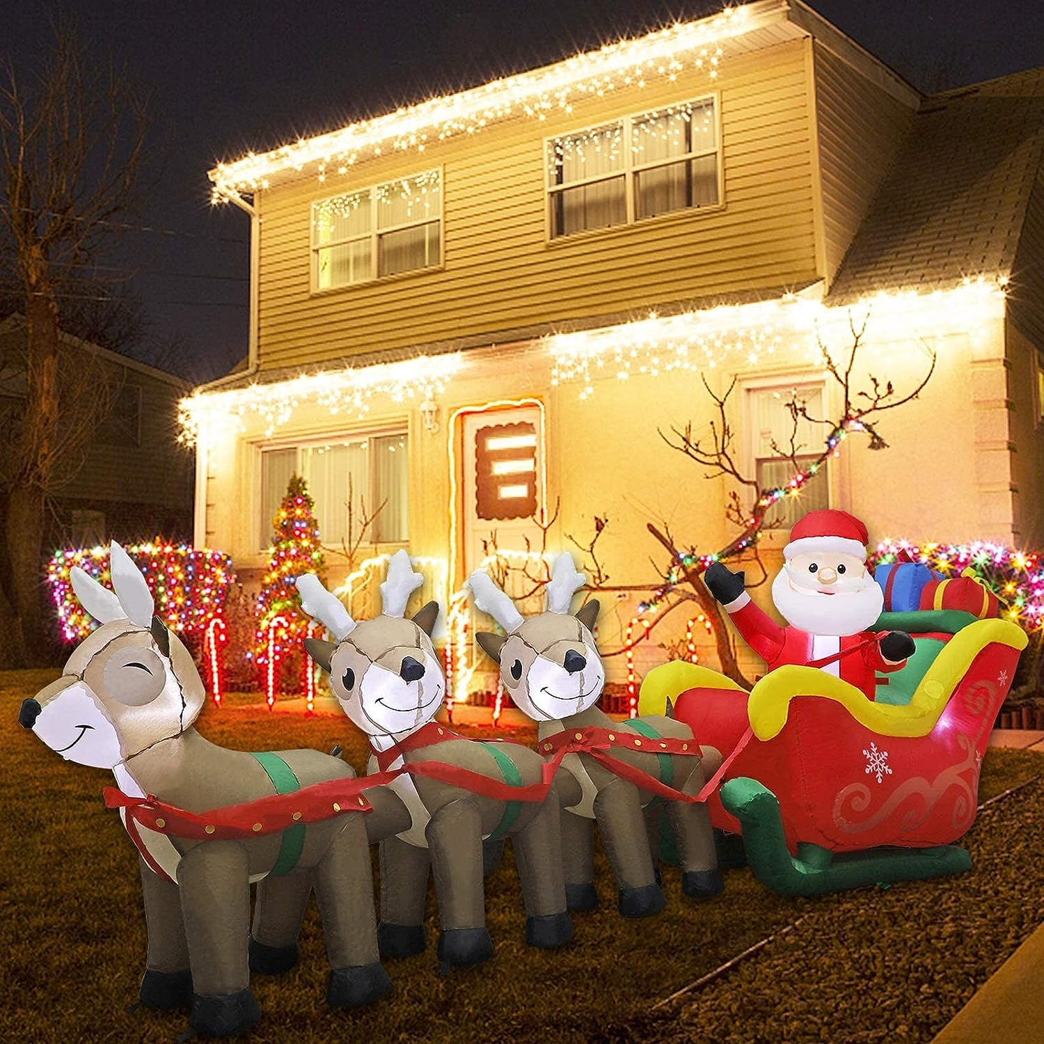 Christmas Inflatable Santa Claus on Sleigh Pulled by Three Reindeers
