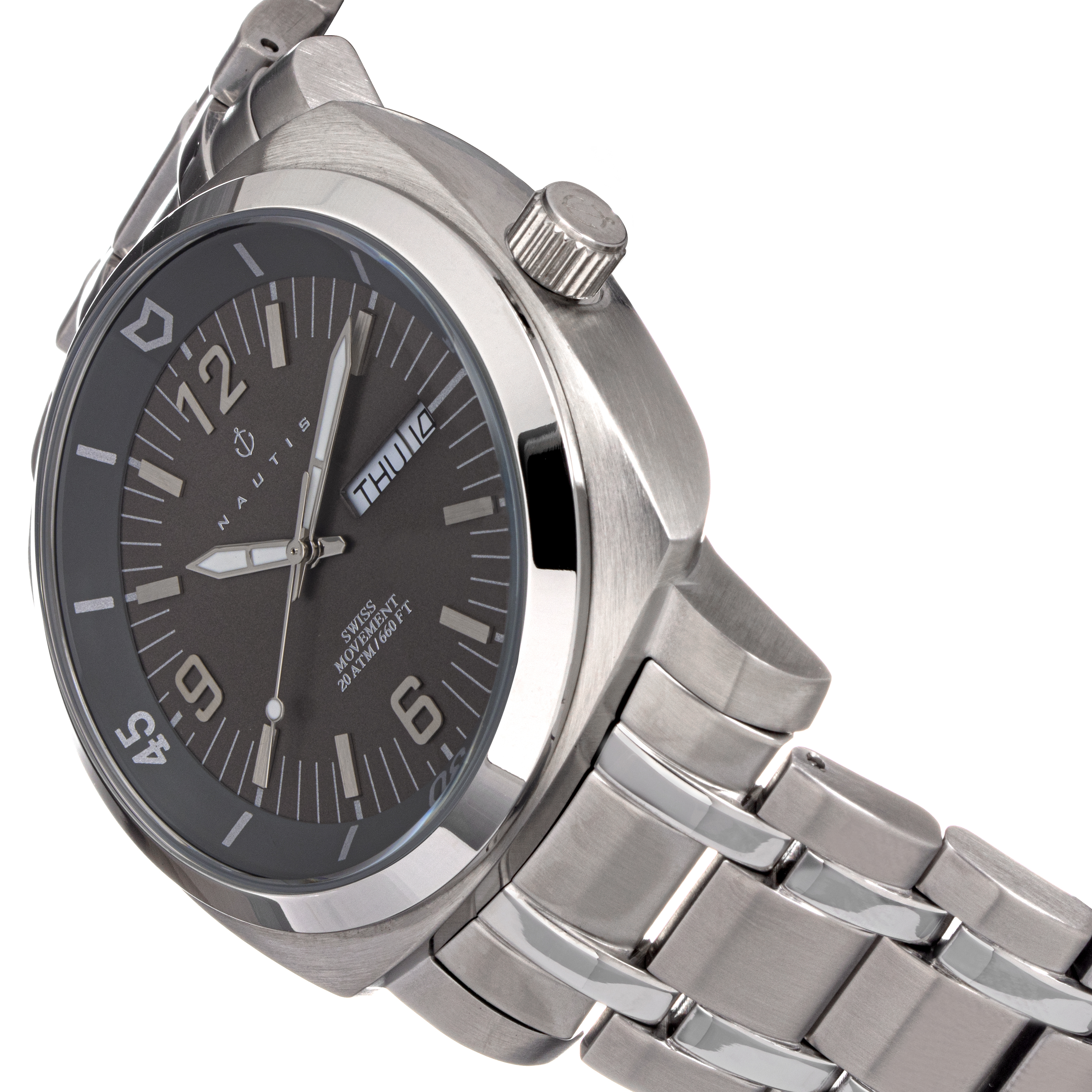 Nautis Stealth Bracelet Watch w/Day/Date - Grey - Walmart.com