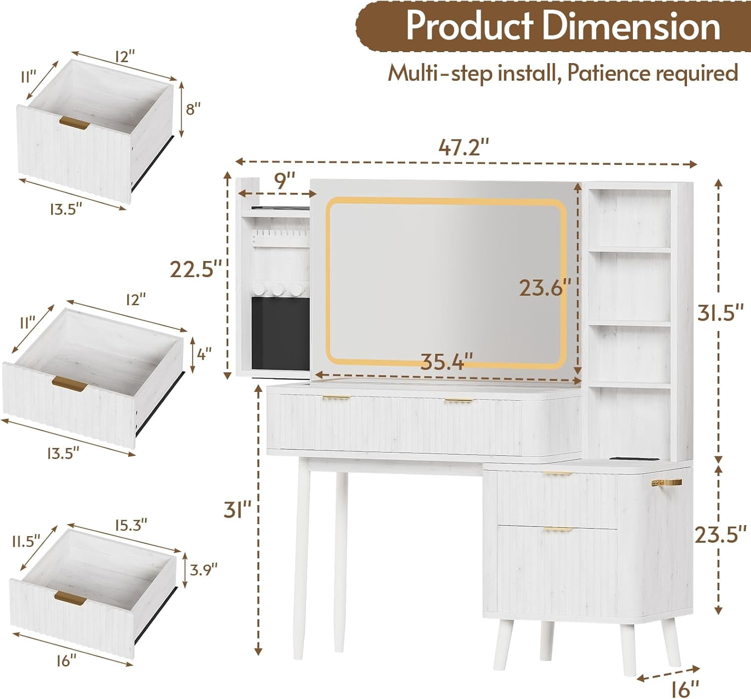 LAZZO 48" Wood Vanity with Glass Top, 3-Color Lights Mirror, Sliding Jewelry Organizer & Charging Station, White
