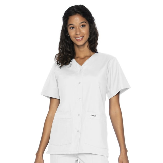 Landau Essentials Haut d'Uniforme à Boutons-Pression pour Femme, Coupe Classique Décontractée, Col en V, 4 Poches