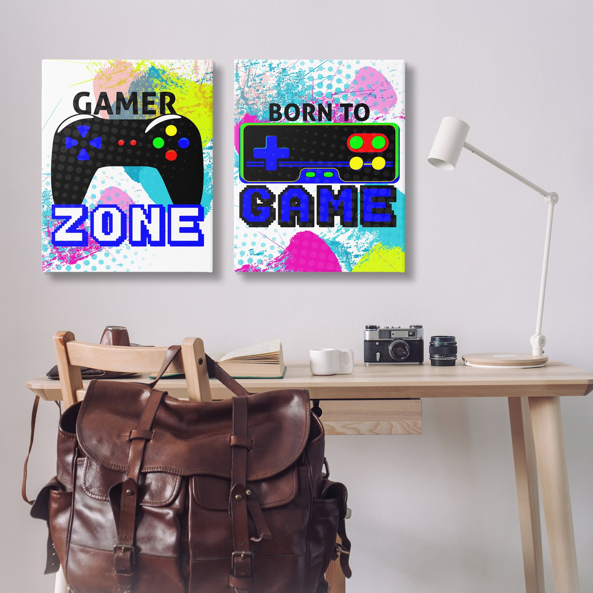 Stupell Industries Gamer Zone Splash Remote Entertainment Painting Wrapped Canvas Art Print Wall Art, 24 x 30, Set of 2
