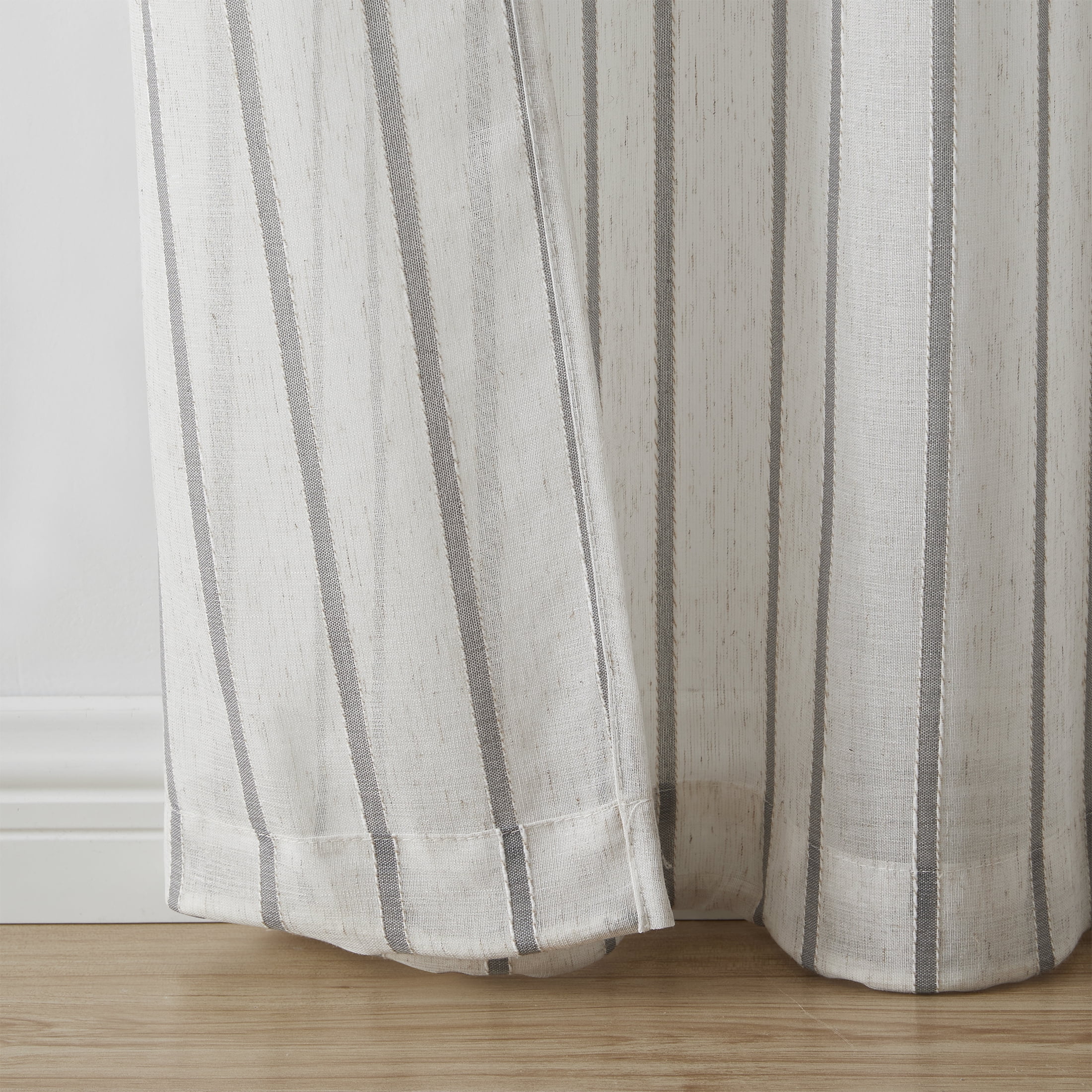 My Texas House Emerson Linen Stripe Light Filtering Tie Top Curtain Panel Pair, 76"x84", Grey
