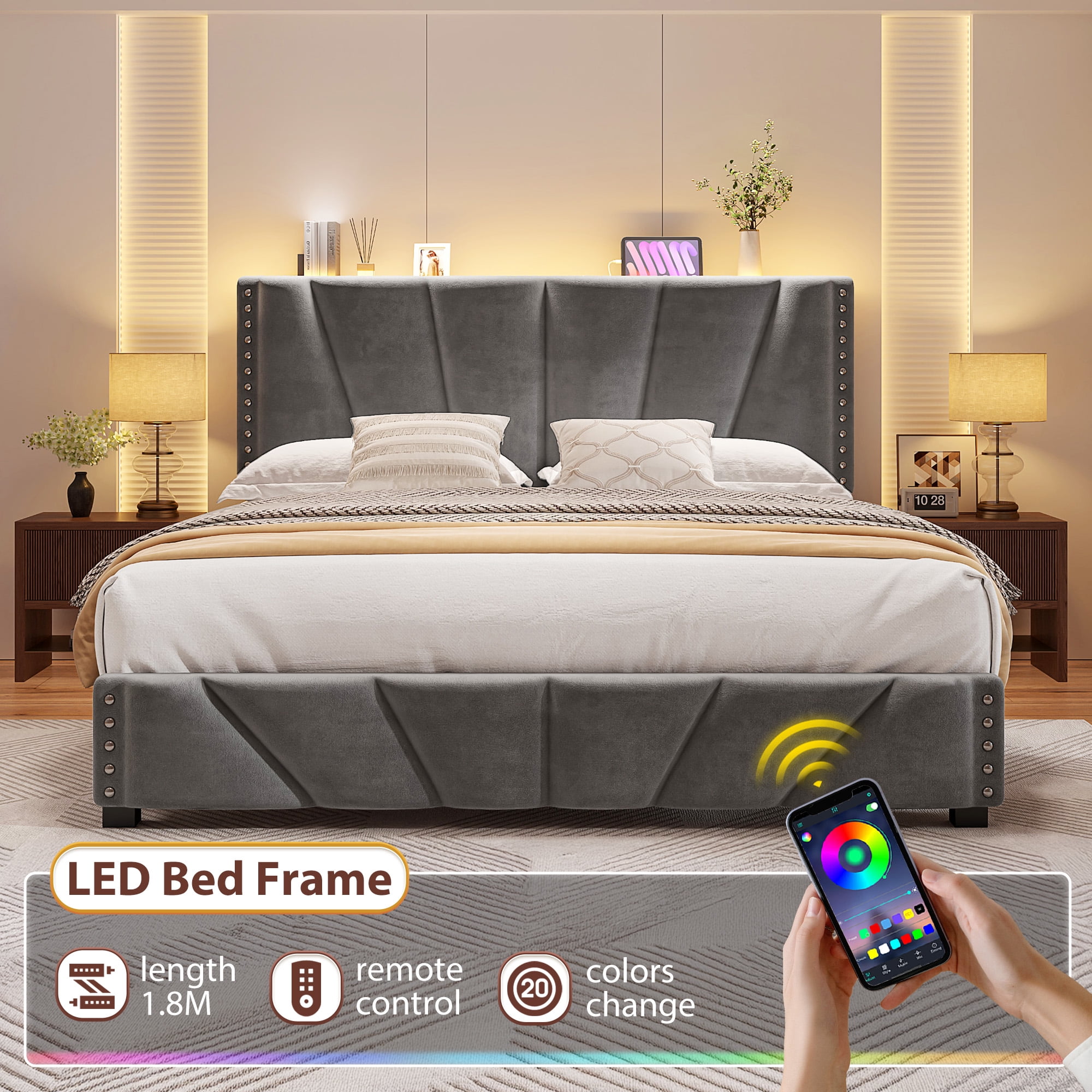 EnHomee Queen Bed Frame with Adjustable Headboard Upholstered Platform Bed Frame with LED Lights & Charge Station ,Gray