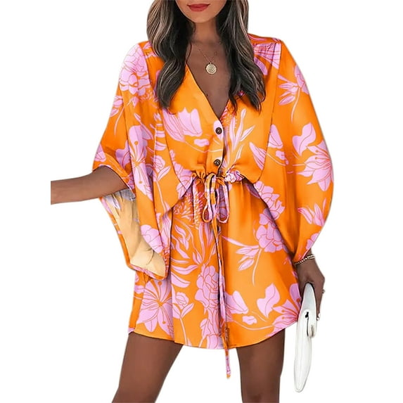 hirigin Women Summer Bat Sleeve V-neck Lace-up Short Dress Casual VacationFloral Irregular Print Button Chest Elastic Waist Loose Dress