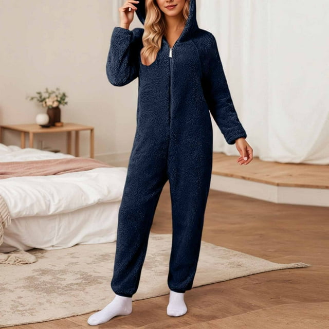 Timegard Combinaisons Grande Taille pour Femmes Automne Hiver en Molleton Doux à Capuche avec Fermeture Éclair, Pyjama Chaud