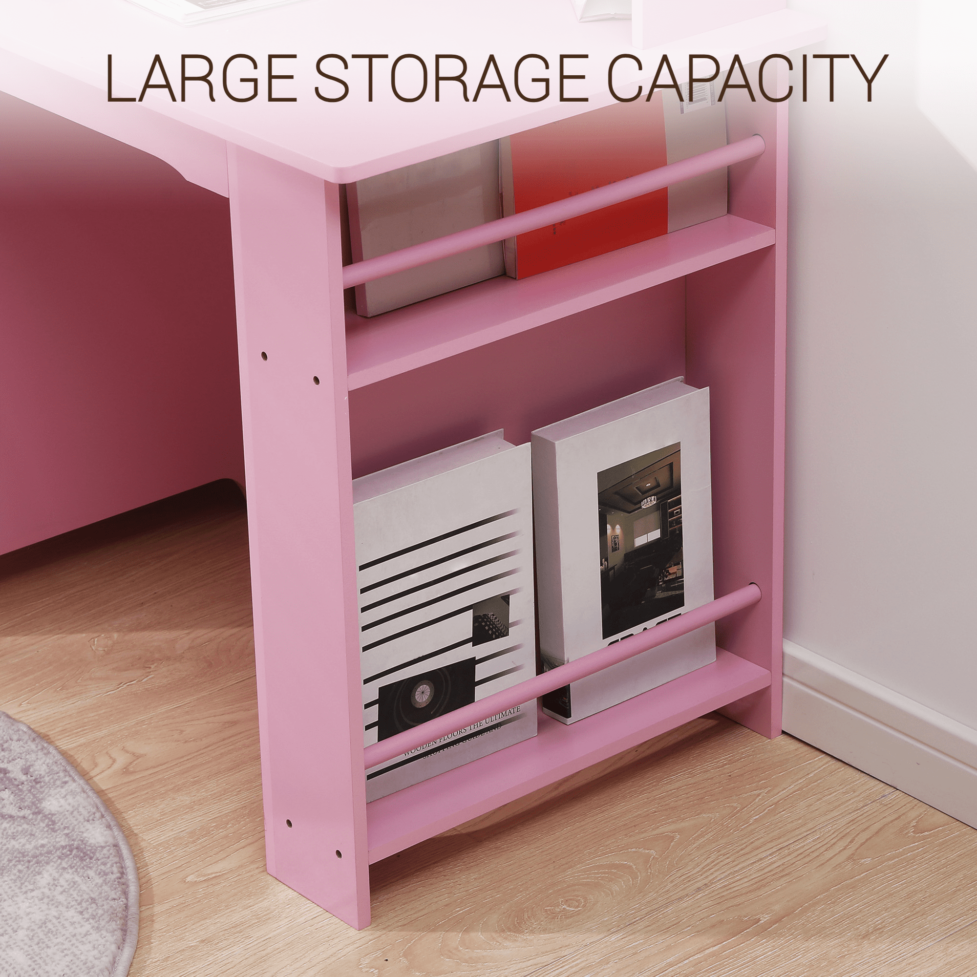 Kids Desk and Chair Set, Wooden Children Study Table with Storage Shelves, Cork Bulletin Board, Drawer and Cabinet, Pink, White