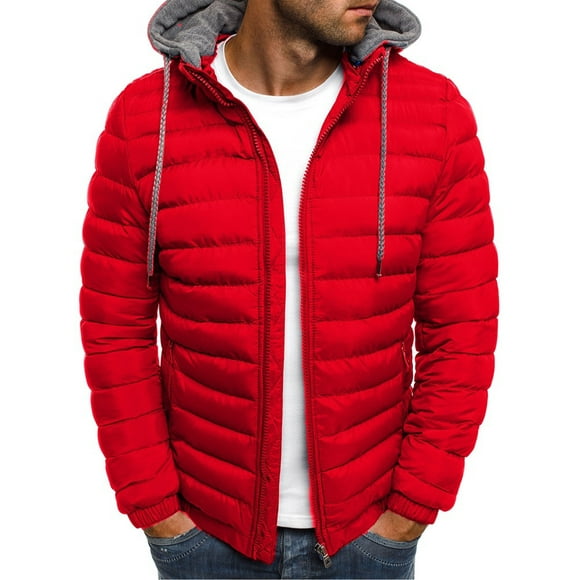 CVLIFE Men Outwear Long Sleeve Puffer Jacket Solid Color Coat Warm Hooded Neck Down Coats Winter Red XL
