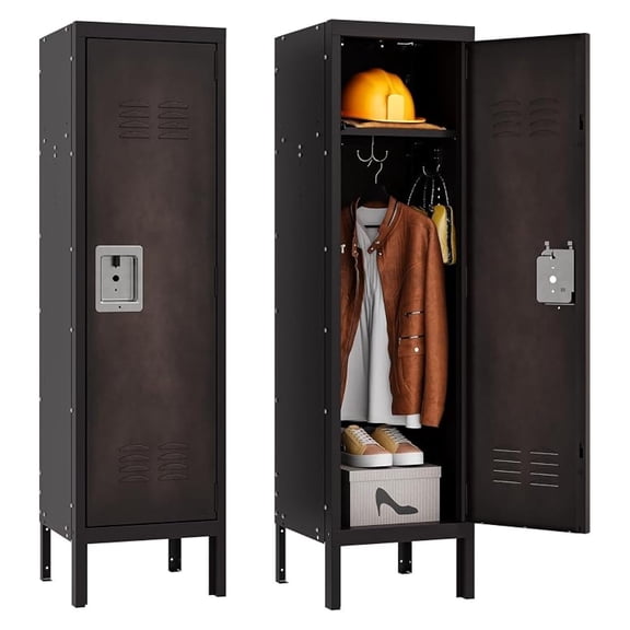 XLMD Vintage Metal Locker with Lockable 1 Door Storage, Black Single Locker for Employees, Steel Locker for Home, Office, Gym, Old School Storage