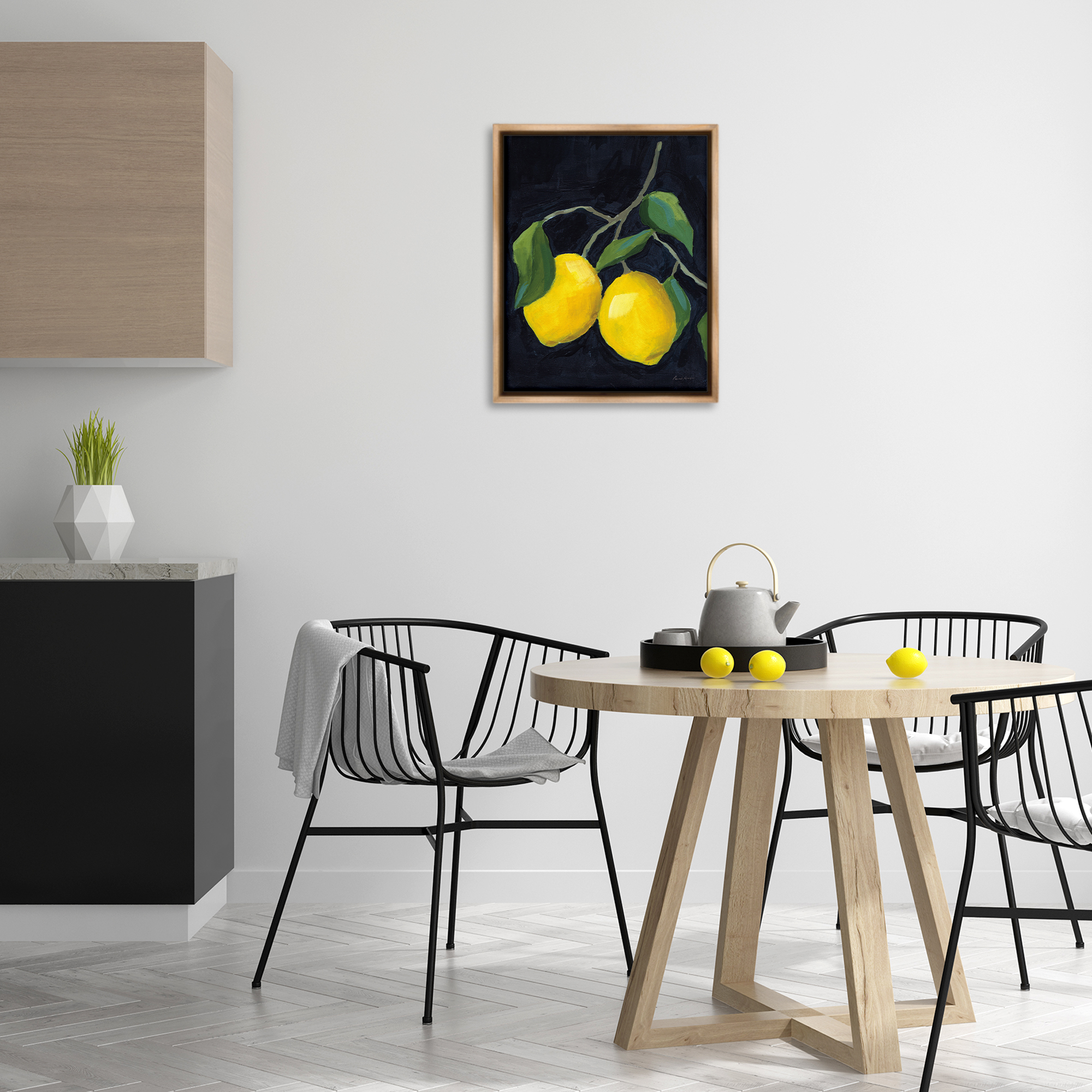 Stupell Industries Two Lemons on Black Food & Beverage Painting Brown Floater Framed Art Print Wall Art, 17 x 21