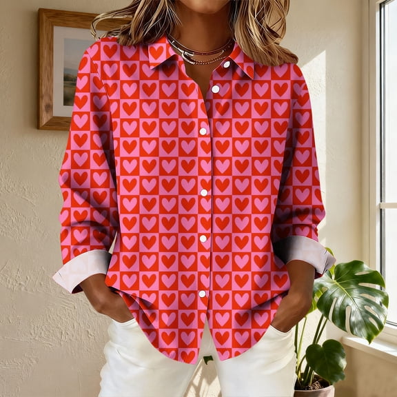 SDNall Women‘s Valentine‘s Day Print Shirt, Long Sleeve Button Down Blouse with All-Over Heart Pattern