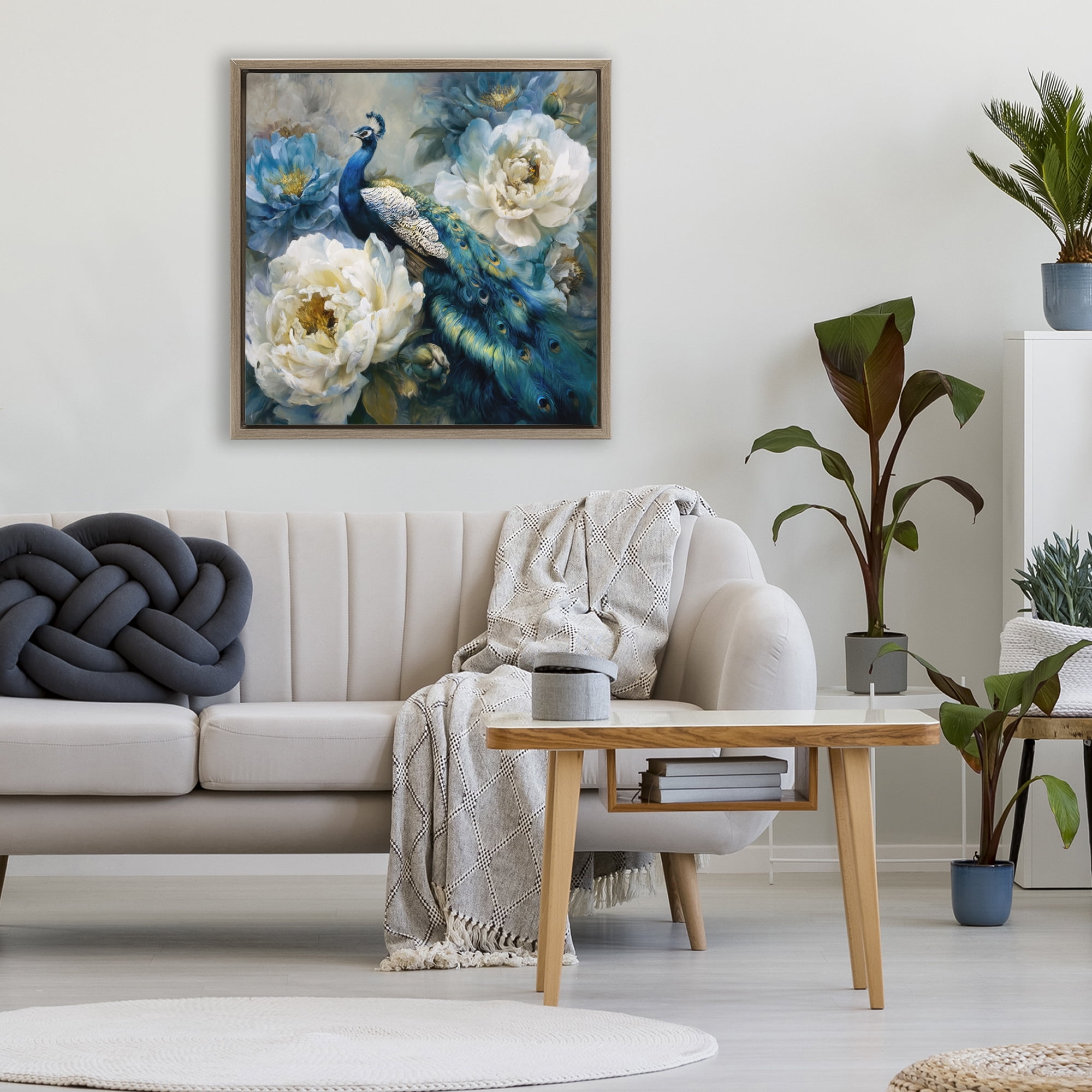 Stupell Industries Pretty Peacock with Roses Brown Framed Floater Canvas Wall Art, design by Tina LeCour