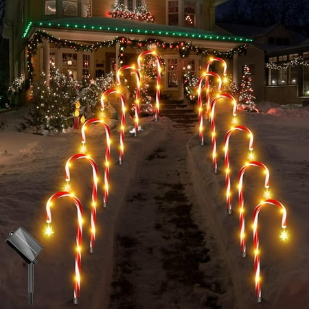 12pcs solar christmas candy cane pathway lights - waterproof outdoor walkway light