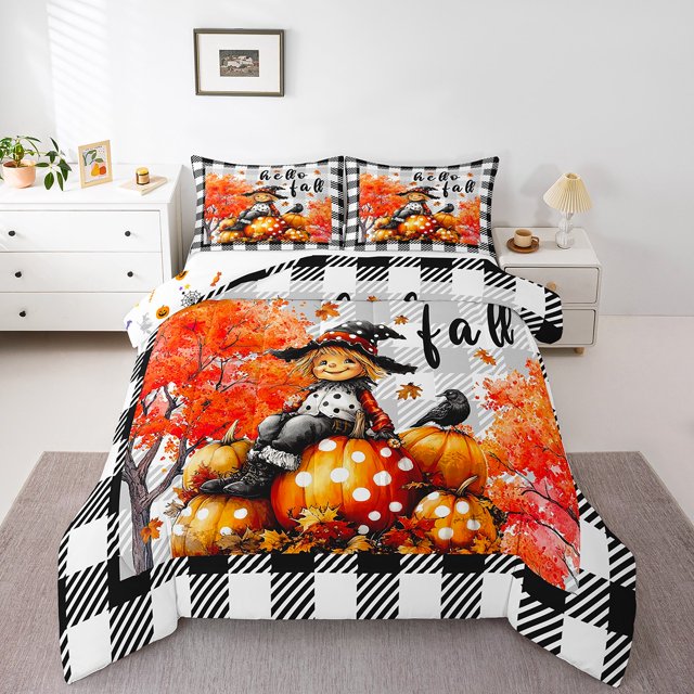 YST Thanksgiving Pumpkin Comforter Set for Kids Boys Girls,Retro Scarecrow Bedding Set,Botanical Maple Reversible Duvet Insert,Hello Fall Quilt with 2 Pillowcases Bedroom Decor,Queen