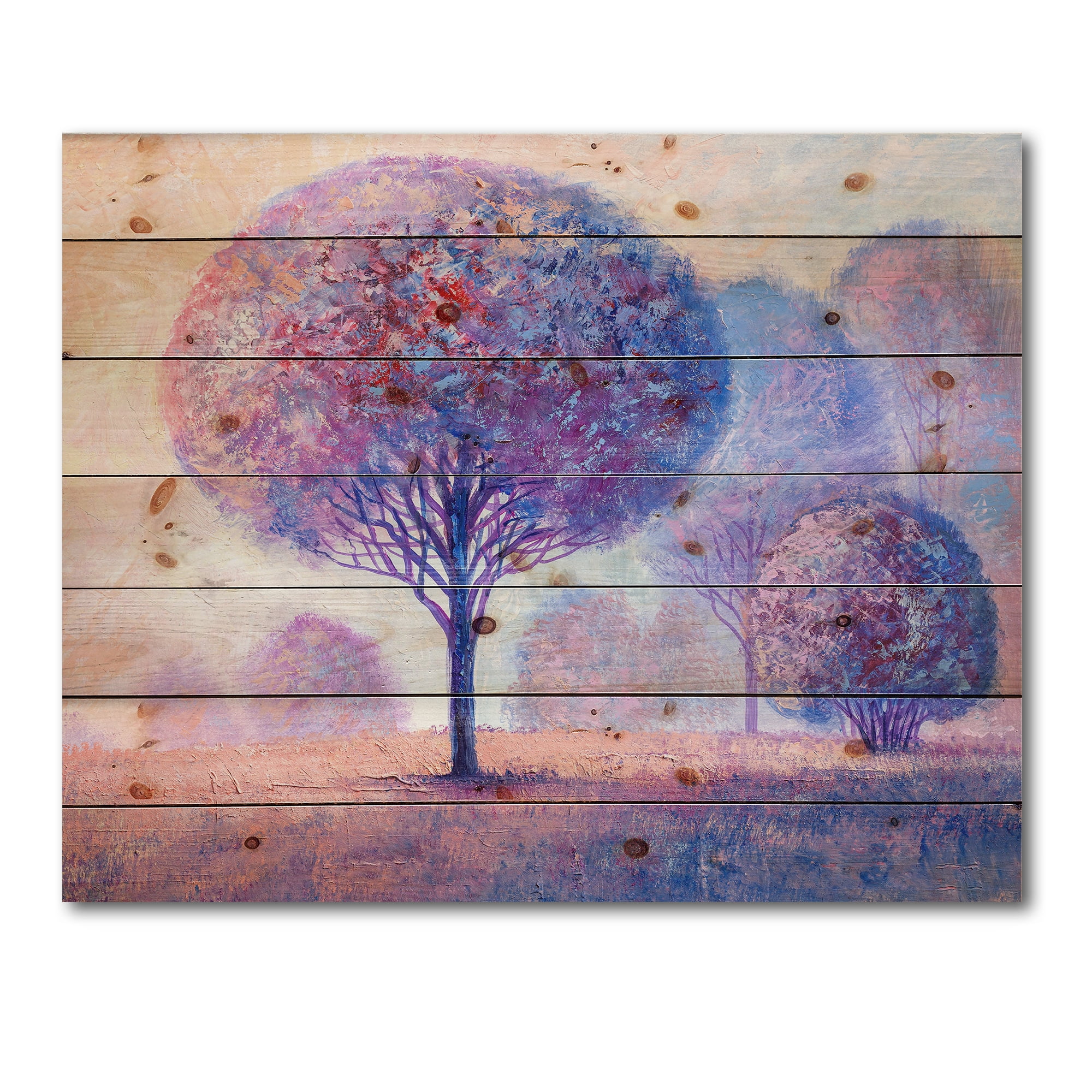 Designart 'Colourful Trees Abtract Impression II' Traditional Print on Natural Pine Wood