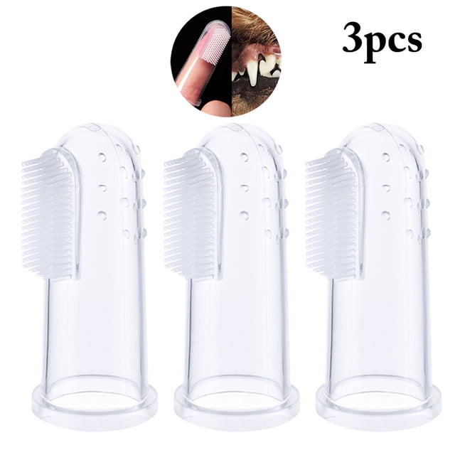 3PCS Dog Toothbrush Creative Silicone Dog Dental Brush Pet Finger Toothbrush. The set includes three clear silicone fingertip toothbrushes, each measuring 5.5 x 1.7 cm (2.17 x 0.67 in). Designed for pet oral care, these brushes help clean teeth, reduce bad breath, and prevent gum disease in dogs and cats. The soft silicone material is durable and environmentally friendly, ensuring safe and effective use. The fingertip design allows for easy control and adjustable intensity during cleaning.