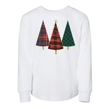 

TeesAndTankYou Plaid Print Christmas Trees Toddler Kids Long Sleeve T-Shirt 3T White